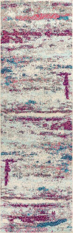 an area rug with multicolored stripes and lines on the bottom in white, blue, pink, and purple