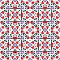 an abstract pattern with red, green and purple flowers