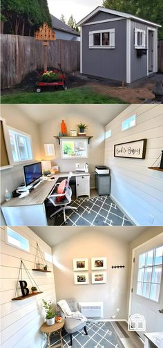 the before and after shots of this small shed makeover are shown in two different photos