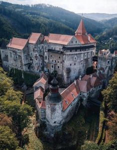 an aerial view of a castle surrounded by trees