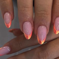 Orange Chrome Tip Nails, Super Bright Nails, Orange Chrome Tips, Glittery Orange Nails, Iridescent Orange Nails, Orange French Tip Chrome, Orange Chrome Nails Summer, Pink And Orange Chrome Nails, Orange Chrome French Tip Nails