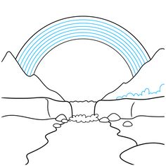 a drawing of a mountain with a rainbow in the sky and water coming out of it