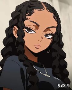 an anime character with long black hair and large earrings on her head, staring at the camera