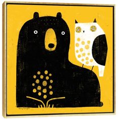 an owl and bear are sitting next to each other on a yellow background with dots