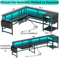 a computer desk with blue lights and measurements for the top, bottom and bottom section