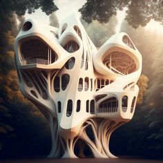 an unusual building in the middle of a forest