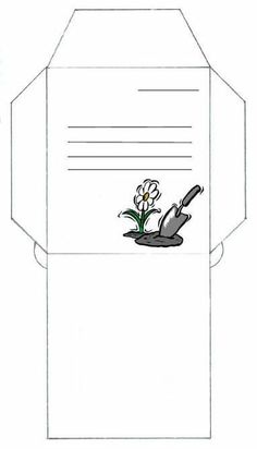 an envelope with a flower on it and a watering can in the bottom left corner