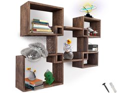 the shelves are made out of wood and have various items on them, including bookshelves