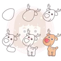 three reindeers with faces drawn on them and one is looking at the camera, while another