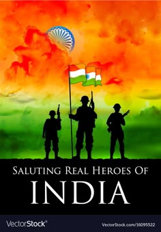 a poster with two soldiers holding flags in front of an orange and green background that says,