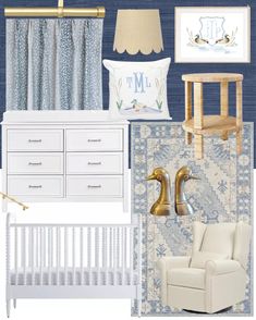 a baby's nursery room with blue and white decor, including a crib, dresser