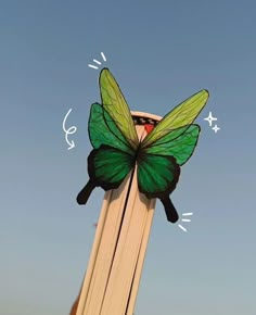 a green butterfly on the back of a book