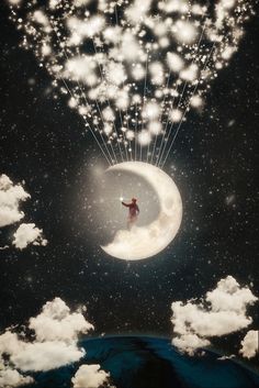 a person flying through the air on top of a crescent shaped cloud filled with stars