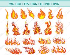 fire flames clipart set with different shapes and sizes for use in design projects or scrapbooking