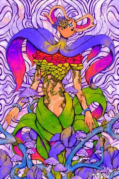 a drawing of a woman with purple hair and green dress sitting on top of flowers