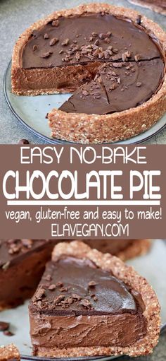 an easy no - bake chocolate pie on a plate with the title overlay