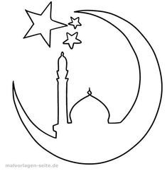 the crescent with stars and a mosque on it is outlined in black and white coloring