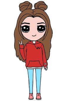 a girl with long brown hair wearing a red sweater and blue pants, holding her hand up