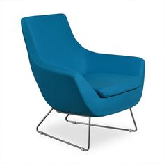 a blue chair sitting on top of a metal frame with an armrest and foot rest