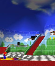 an image of a video game scene with mario kart on the floor and stairs