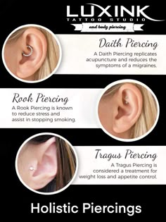 three different types of piercings are shown in this graphic above the words, luxink