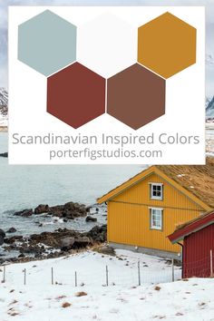 the logo for scandinavian inspired colors is shown in front of an image of snow covered mountains