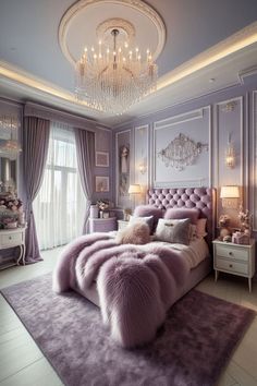 a bedroom decorated in lavender tones with chandelier