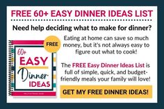 a recipe book with the words, free dinner ideas list and an image of a menu