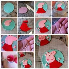 a collage of photos showing how to make pep the pig cupcakes