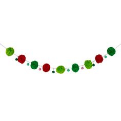 a green and red garland with pom poms hanging from it's sides