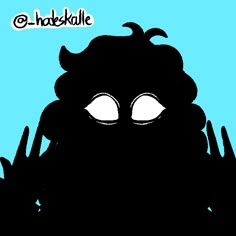 the silhouette of an evil looking monster with two hands up in front of it, against a blue background