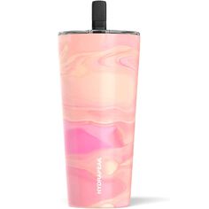 the tumbler cup is pink and has a black lid, with an abstract design on it