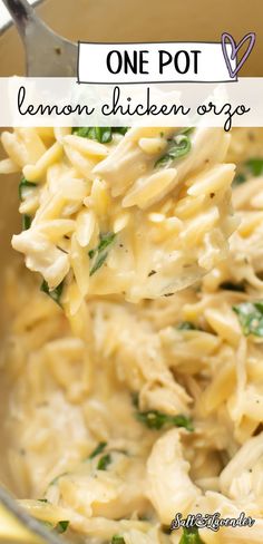 closeup of a soup pot with a spoonful of pasta and text overlay that reads one pot lemon chicken orzo Creamy Lemon Chicken Orzo, Lemon Chicken Orzo, Orzo Recipe, Creamy Lemon Chicken, Orzo Recipes, Chicken Orzo, Rotisserie Chicken Recipes, Pasta Salads, Winner Winner