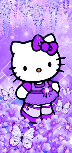 the hello kitty wallpaper is purple and has butterflies around it, as well as pink flowers