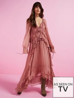 Practical Dresses, Wedding Guest Chic, Dusty Pink Dresses, Chiffon Ruffle Dress, Floaty Dress, Ruffle Maxi Dress, Century Dress, Bridal Party Dresses, Pink Maxi