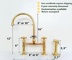 a golden faucet sink with measurements for it