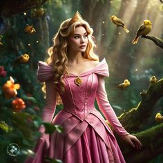 the princess in pink is surrounded by birds