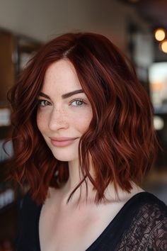 Red Head Ideas Hair, Mid Length Auburn Hair Styles, Burnt Red Hair Color, Cinnamon Red Hair Color Dark Brown, Dark Auburn Hair Color Pale Skin, Dark Copper Red Brown Hair, Mid Length Dark Auburn Hair, Dark Root Auburn Hair, Darkest Auburn Hair Color