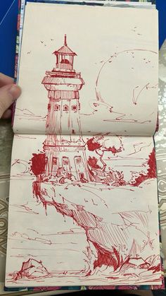 a drawing of a lighthouse on top of a piece of paper that has been drawn