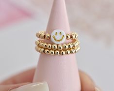 Gold Filled Smiley Face Ring Stacking Rings Beaded Ring - Etsy Hypoallergenic 14k Gold Filled Stackable Rings As Gift, Hypoallergenic Stackable 14k Gold Filled Rings As Gift, Hypoallergenic Stackable Rings In 14k Gold Filled As Gift, Playful Gold Jewelry With Smiley Face, Playful Gold Smiley Face Jewelry, Smiley Face Adjustable Jewelry For Gifts, Adjustable Smiley Face Jewelry Gift, Adjustable Smiley Face Jewelry For Gifts, Cute Gold Ring Jewelry