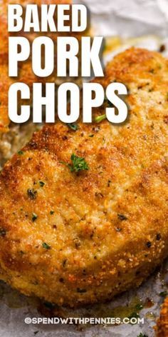 baked pork chops with parsley on top and the words baked pork chops above it