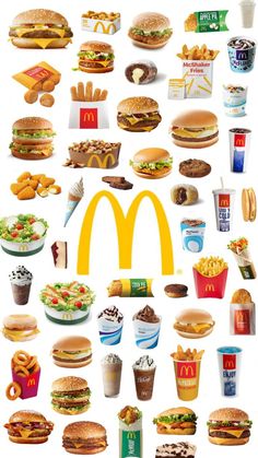 many different types of food and drinks on a white background with the words mcdonald's