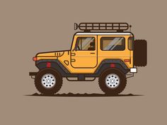 the yellow jeep is parked in front of a brown background with white trim and black tires