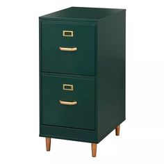 a green filing cabinet with two drawers and gold handles on the bottom drawer, against a white background