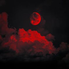 the red moon is shining brightly in the dark night sky above some clouds and trees