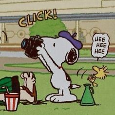 a cartoon dog with a camera on his head and another dog in the background looking at him