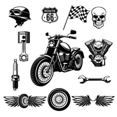 vintage motorcycle emblems and badges with skull, wrench, helmet, checkered flag on white background