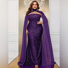 Elegant Strapless Tube Dress With Detached Cape Sleeve With Floor Length Brush Train In Deep Purple. Lovely Dress For Parties & Banquets. Available Size: 3x(18) Only #Plussize #Purpledress #Brushtrain #Cape #Tubedress #Partydress Queen Of Hearts Costume, Sequin Formal Dress, Sequin Prom Dress, Long Evening Gowns, Bridesmaid Dresses Plus Size, Cape Dress, Plus Size Kleidung, Plus Size Wedding, Prom Wedding