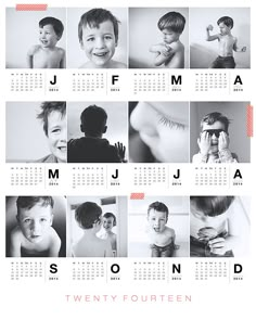 a calendar with multiple images of children in black and white, including the names of each child