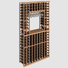 a wooden wine rack filled with lots of bottles